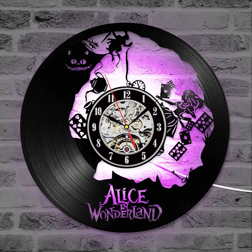 

Vinyl Record Wall Clock Cartoon Alice in Wonderland 3D Creative CD Record Clock Modern Design Hanging LED Clocks Home Decor