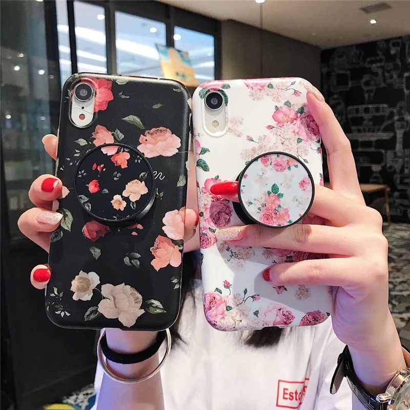 

Foldable Bracket TPU Case For iPhone XMAX 7 8 Plus Rose Flower Pattern Soft Cover Capa For iPhone XR X XS 6 6S Caque For Female
