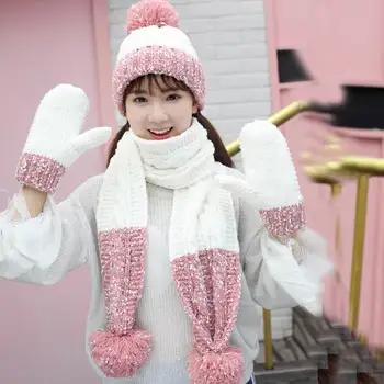 

Kagenmo Gloves Cap Scarf Female Warm Winter Outdoor Keep Warm Women Set Knit Thick Cotton Mother New Year Gift