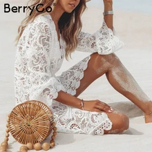 BerryGo элегантное кружевное летнее платье с вышивкой женское сексуальное короткое платье с v-образным вырезом женское белое праздничное пляжное вечернее платье