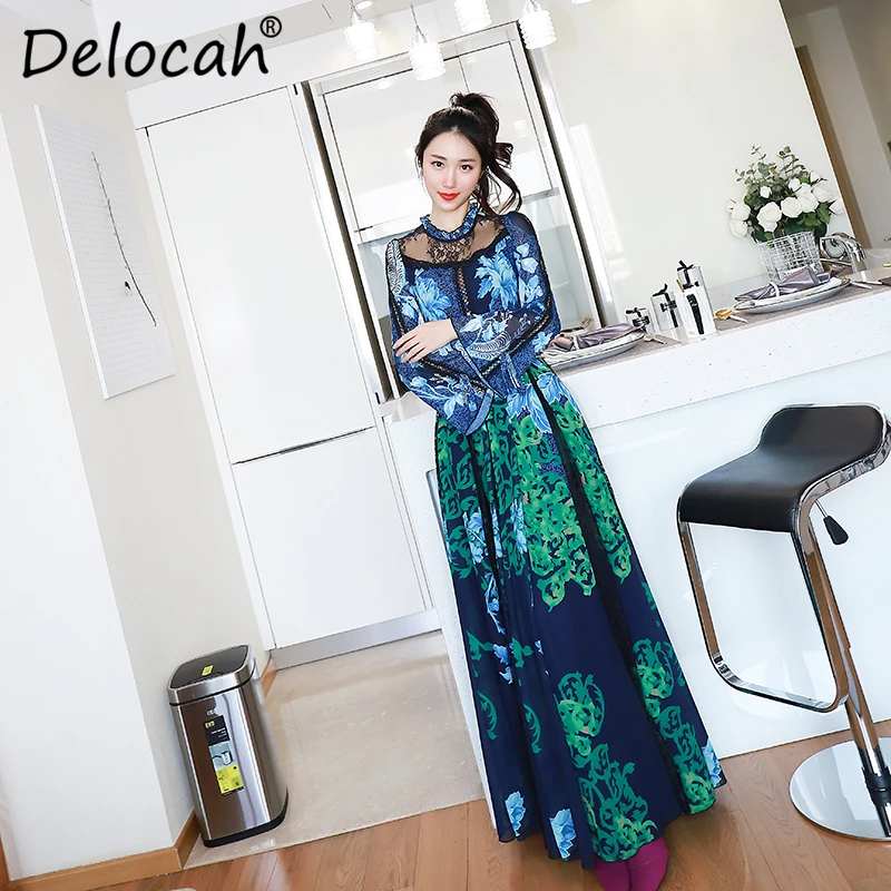 

Delocah Women Spring Summer Dress Runway Fashion Designer Flare Sleeve Gorgeous Lace Flower Printed Vintage A-Line Ladies Dress