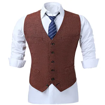 

Brown Mens Wedding Waistcoat Herringbone Vest Gilet Homme Classic Formal Mens Wool Vests Autumn Winter Vintage Waistcoat Office