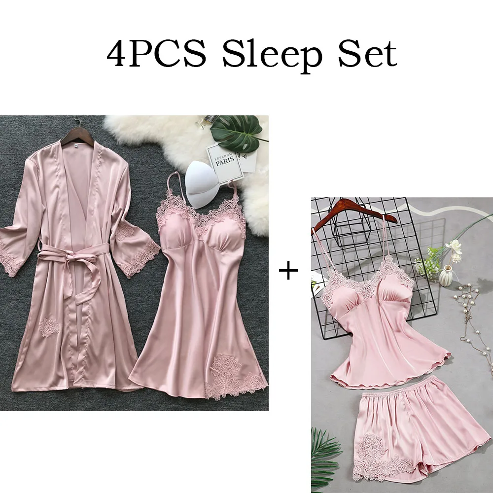 

New Spring 4PCS Satin Nightwear Ladies Sexy Pajama Pijama Set Floral Trim Robe+Nighty+Cami+Shorts Home Wear Leisure Nightwear