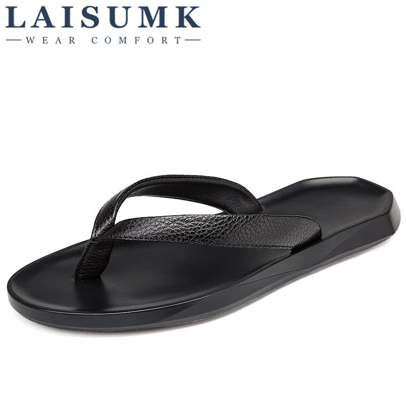 

2019 LAISUMK Men Flat Flip Flops Genuine Leather Flip-Flops Mens Slippers Casual Summer Shoes Fashion Beach Sandals Flip Flops