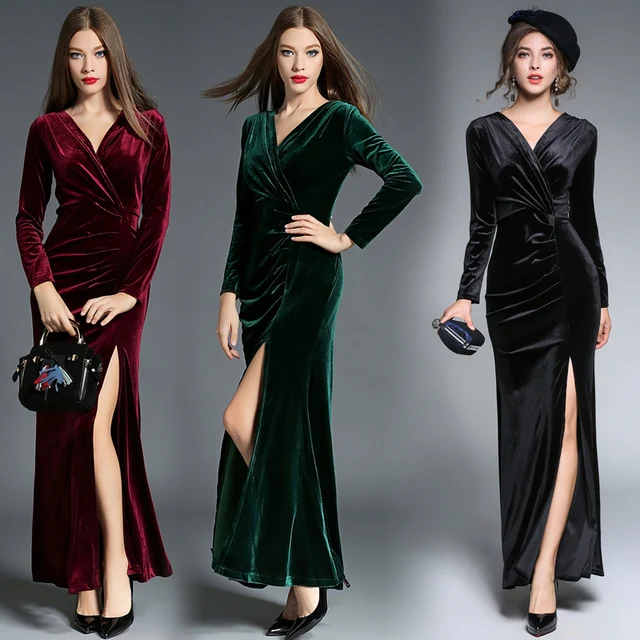 European Elegant Velvet Dress Women Long Sleeve Split Floor length Long ...