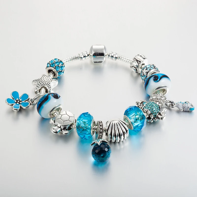 

ANNAPAER Enamel Starfish Charms Bracelets & Bangles Fine Silver Color Blue Crystal Murano Beads Bracelet for Women B16194