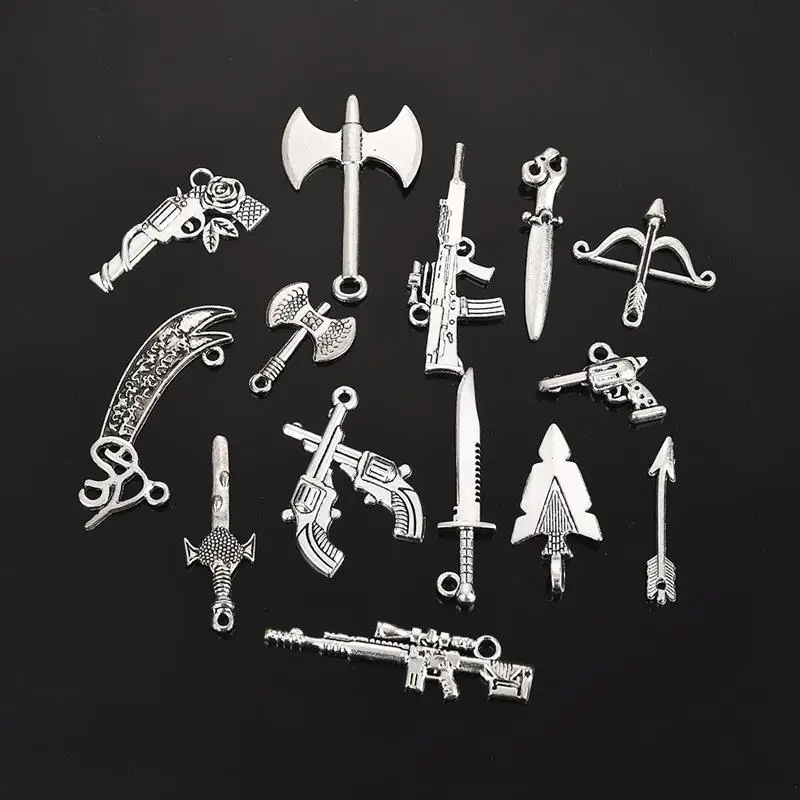 14 шт. смешанные античные серебряные подвески в виде лука и стрелы, меч-ружье, подвески для браслета, ожерелья, самодельные ювелирные изделия в стиле панк