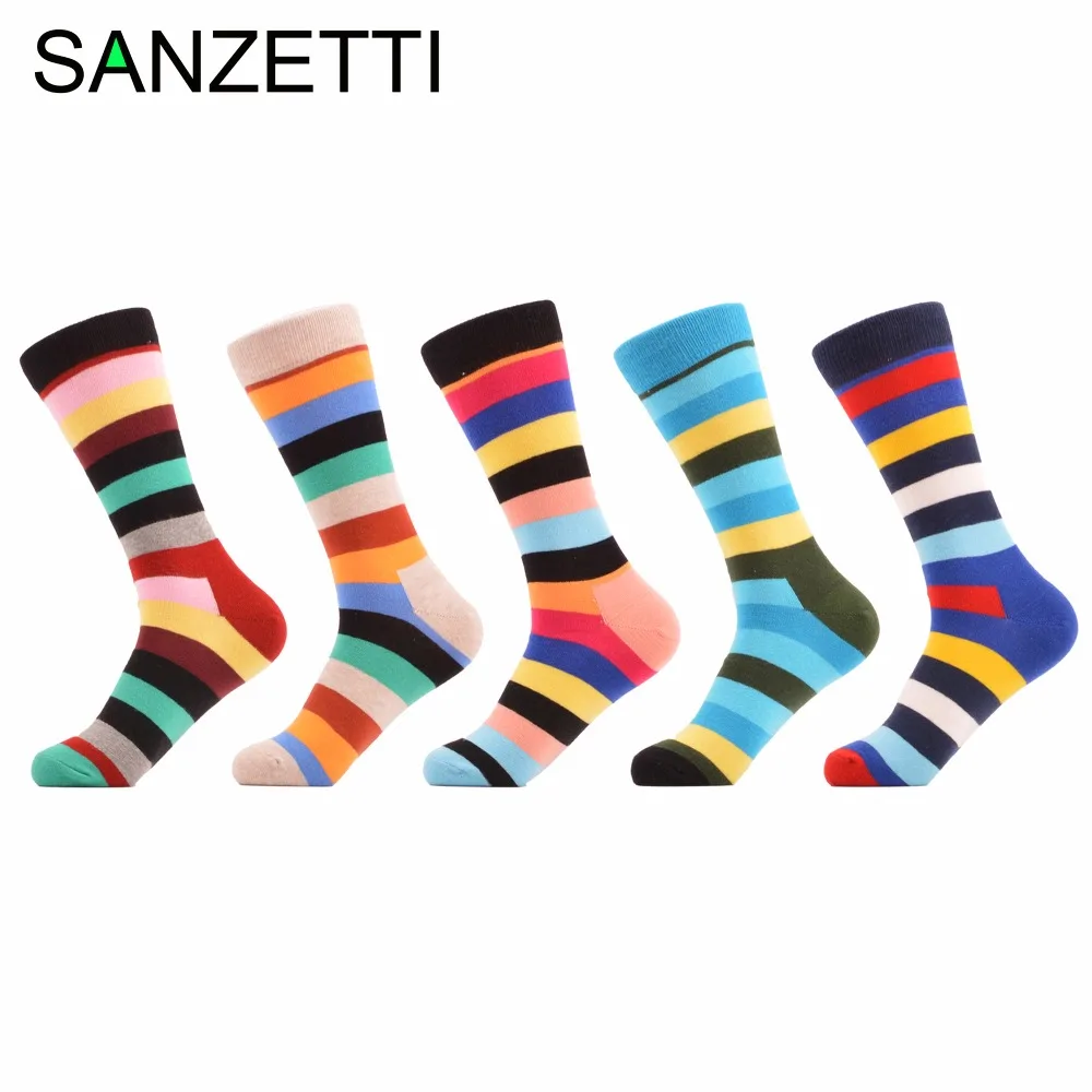 SANZETTI 5 пара/лот Для мужчин Красочные Полоса мягкий теплый дышащий хлопок Смешные