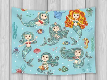 

Cartoon Decor Tapestry Pretty Mermaid With Sea Creature Deep in Ocean For Girls Teens Decor Wall Art Hanging Dorm Wall Blankets