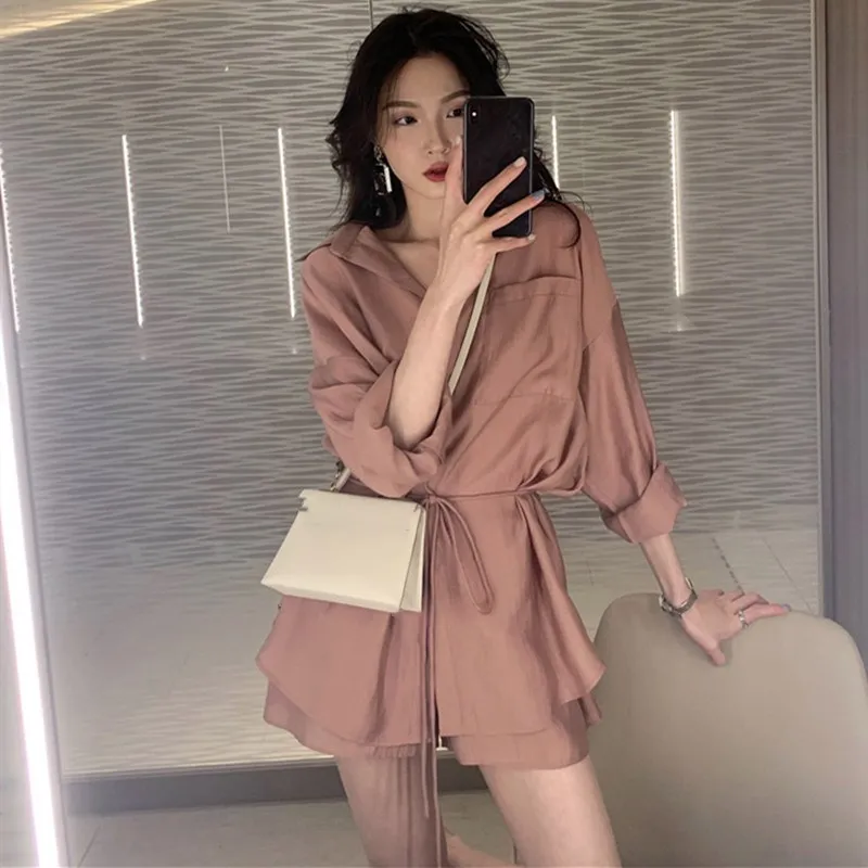 

Summer Women Lace Up Two Piece Set Ice Silk Casual Solid Color Office Lady Pants Suit