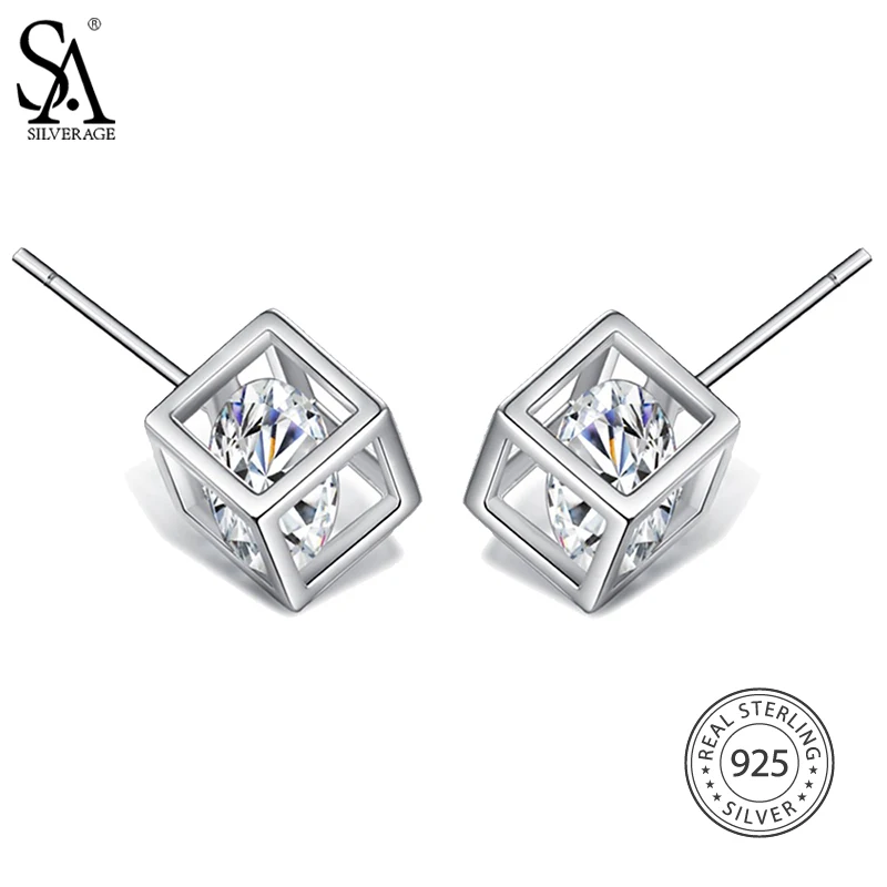 Cheapest SA SILVERAGE Real 925 Sterling Silver Square Stud Earrings For
