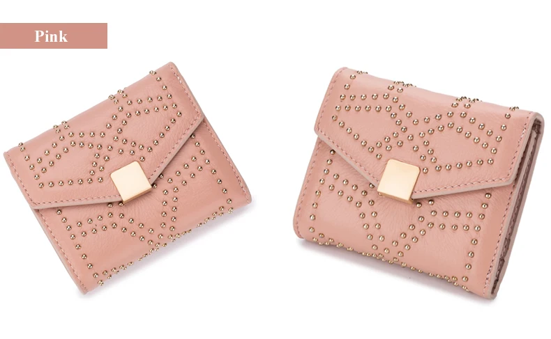 Lomelobo Ladies Rivets Small Wallet Genuine Cow Leather Women Three-Fold Short Personality Wallet Girls Credit Card Holder Purse HPL2627-1 Details (16)