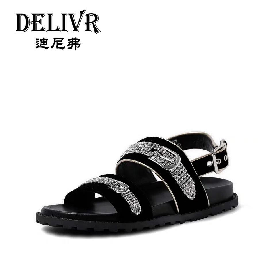 

Delivr Woman'S Sandals Summer Woman Shoes Velvet Fashion Diamonds Ladies Sandals Flats Leather 2019 Summer Female Sandal Black