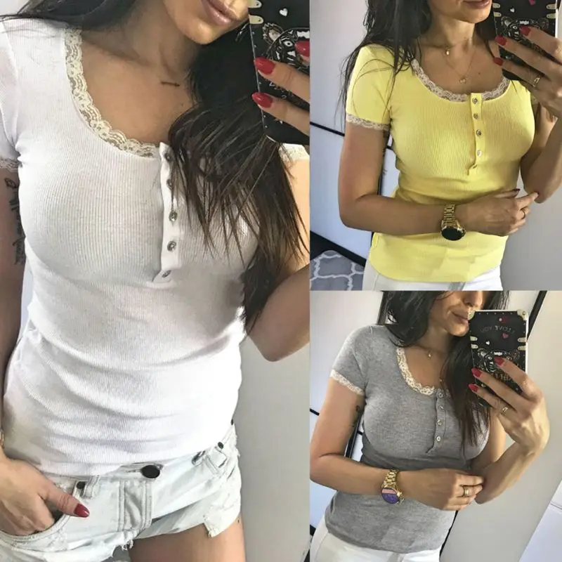 

Women Ladies Sexy Lace Short Sleeve Button Casual Solid Tee T-Shirt Tops T Shirt Top Women Top