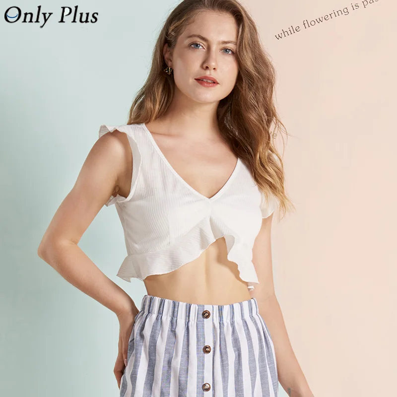 Only Plus Ruffles Tank Tops Summer Women's Clothing V-Neck Crop Tanks Lady Sexy Tops Woman Solid Tank Tops 2019 Summer