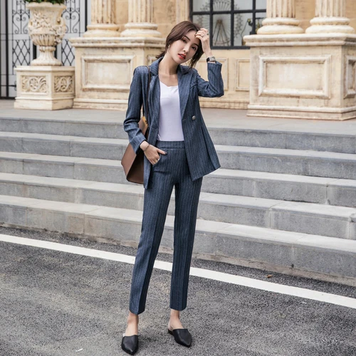 2018 Autumn Stripped Thicken Material Temperament Small Fashion Professional Office Lady Elegant Belt Fasten Women Suit Femme