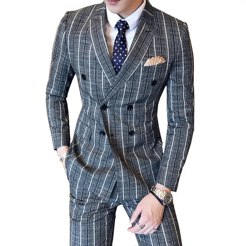 

British style men's suit two-piece suit (blazer + pants) fashion vertical stripes slim double-breasted high-end men's suits 2019