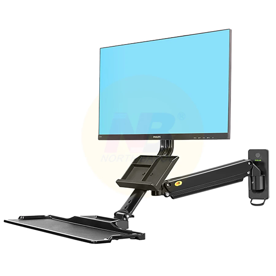 NB MC32 Aluminum Wall Mount Sit Stand Workstation 22-32 inch Monitor Holder Gas Strut Arm with keyboard Tray Rotate LCD Bracket