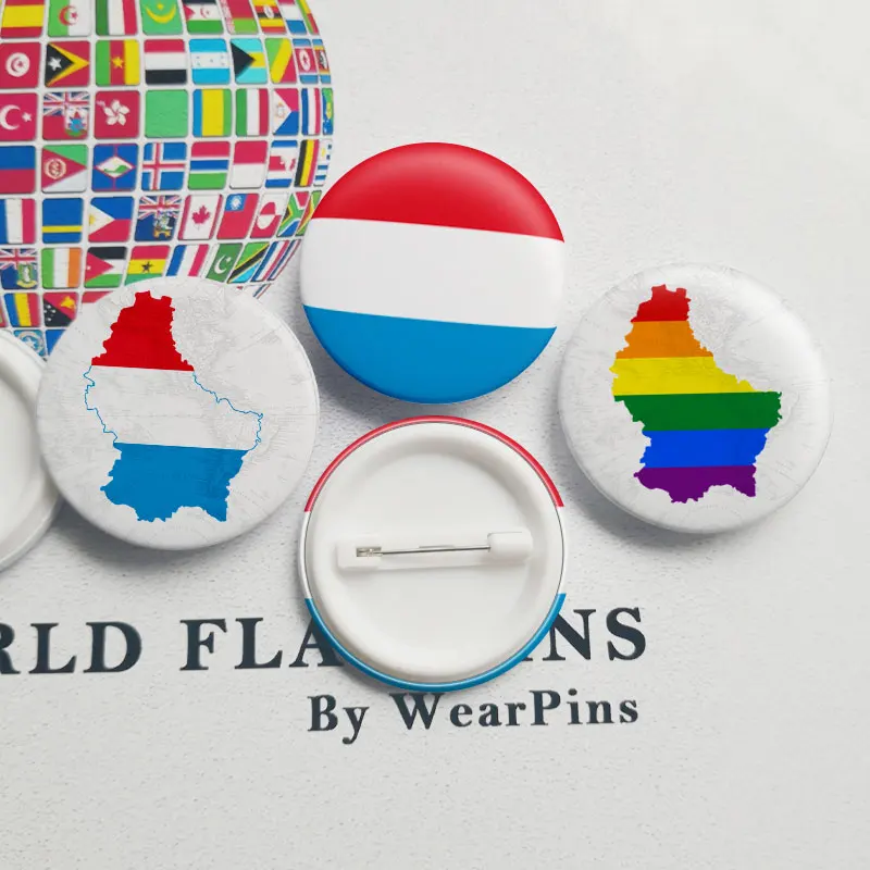 

Luxembourg Flag Map Tin Button Pins LGBT Gay Rainbow Pride Tin Button Badges