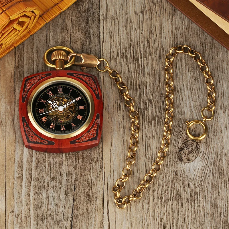 Retro Unique Royal Red Wooden Bamboo Hand Winding Mechanical Pocket Watch Square Dial with 30cm Gold Chain Men Hour Clock Gifts 2018 2019 (8)