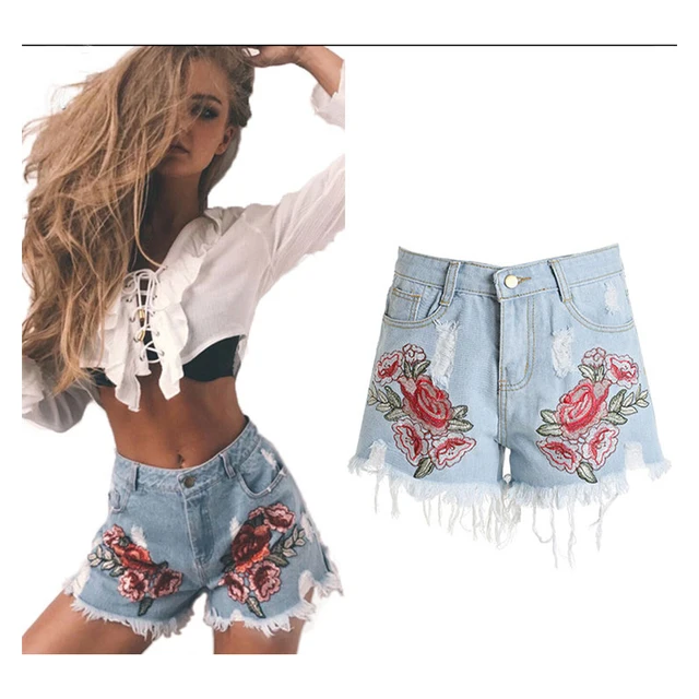 Summer Fashion Floral Embroidery Tassel Fringe Denim Shorts For Women High Waist Sexy Torn Denim