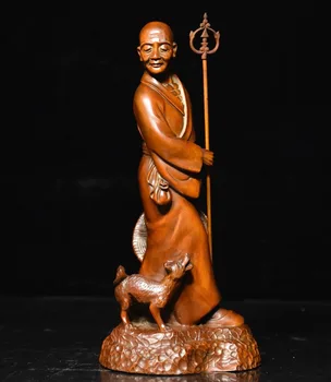 

Christmas 7" Chinese Buddhism Boxwood Wood Carving Dog Hold cane Arhat Monk Buddha Statue Halloween
