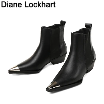 

Spring/Autumn Fashion Ankle Boots For Women Metal Cover Pointed Toe Botas Mujer Genuine Leather Booties Shoes Woman Heels Ladies