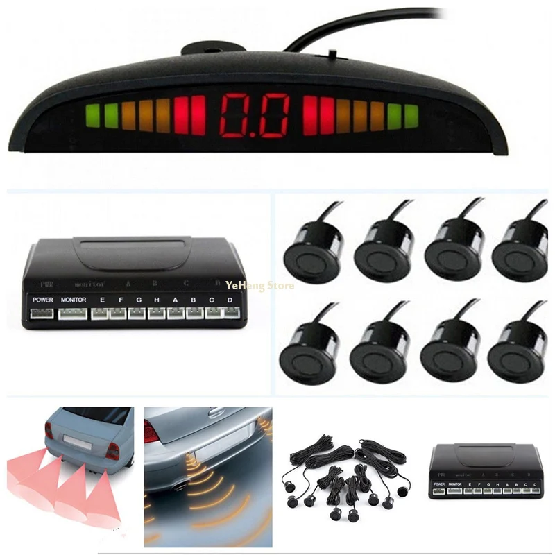 Car Parking Sensor Kit LED Display 8 Rear Front View Reverse Backup Radar System