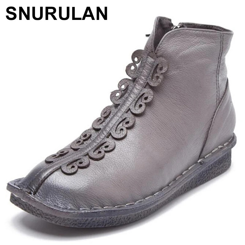 

SNURULAN 2017 Fashion Boots For Women Handmade Genuine Leather Ankle Shoes Vintage Mom Women Shoes Round Toes Martin Boots