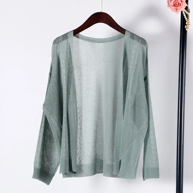 

Shuchan Linen Cardigans Women Open Stitch Computer Knitted V-neck Office Lady Hollow Out Thin Knitted Cardigan Female Cddm-603