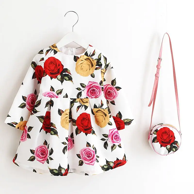 Long Sleeve Dress Girl Christmas Dress 2021 Autumn Winter Floral Print Toddler Girl Dresses Kids Clothes Children Dress with Bag cute baby dresses Dresses