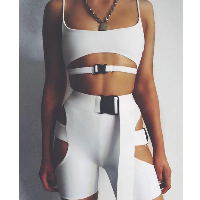 FCCEXIO 2019 New Sexy Solid Color Women 2 PCS Sets Cropped Sling Tank Tops Waist Hollow Out Skinny Shorts Fashion Fitness Set FCCEXIO 2019 New Sexy Solid Color Women 2 PCS Sets Cropped Sling Tank Tops Waist Hollow Out Skinny Shorts Fashion Fitness Set