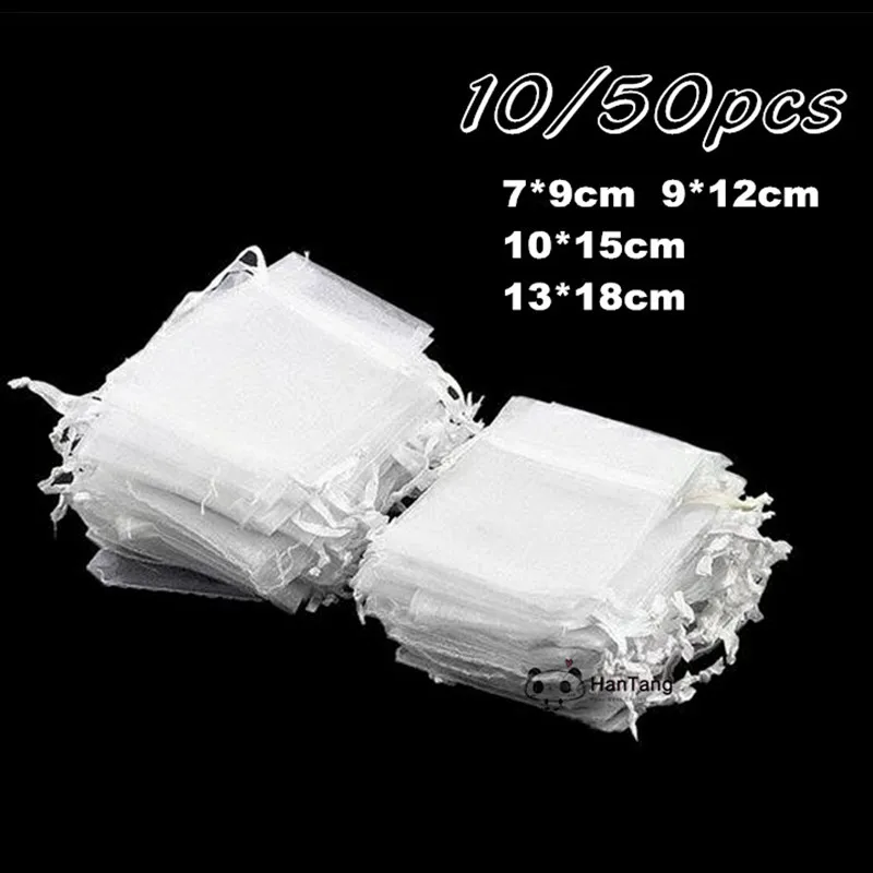 

50/10pcs 7x9 9x12 13x18cm Organza Jewelry Gift Pounch Bags Wedding Party Supplies X-mas Favor, White