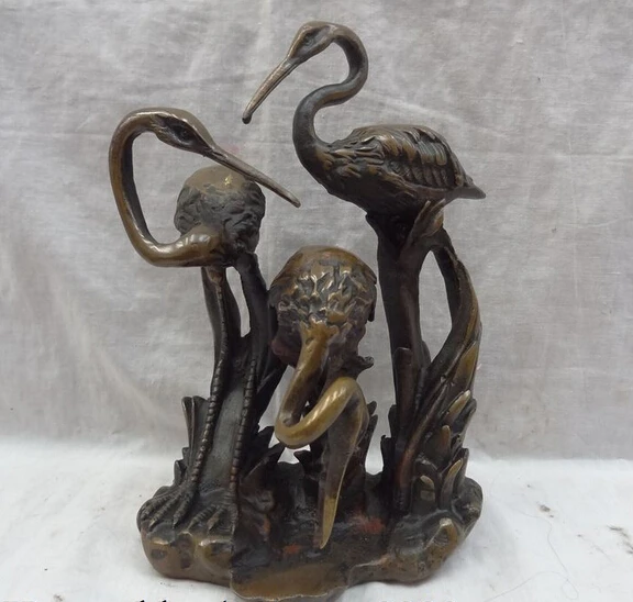 

JP S0608 9" Chinese Bronze 3 Bird Grus Japonensis Flower Love red-crowned Crane Statue B0403