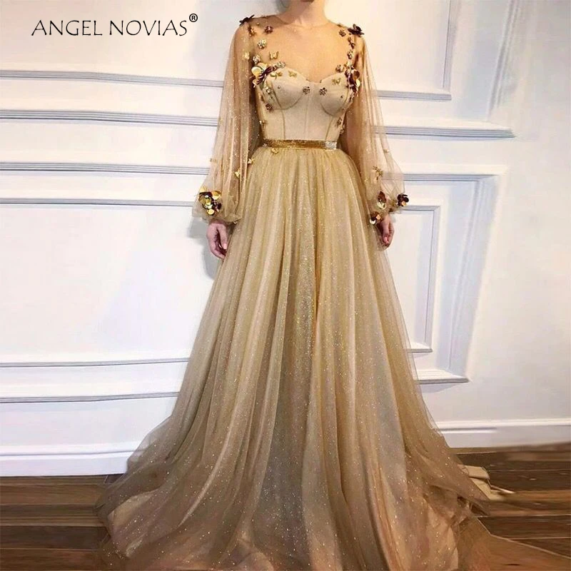 Ангел NOVIAS одежда с длинным рукавом золото Abendkleider 2018 Саудовская Арабский Вечерние платья 2018 вечернее платье
