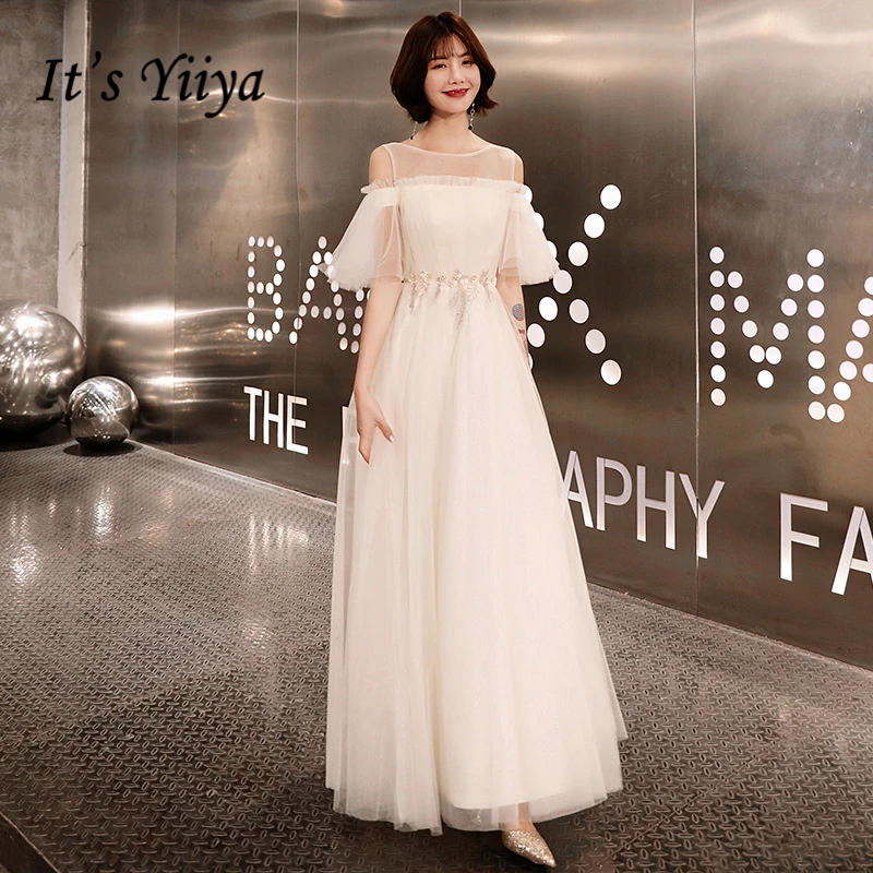 Пром платья с Половина рукава It's YiiYa, платья выпускного вечера Тюль Плюс Размер, с O-образным вырезом, Простые индивидуальные, Белые A-Line Длина пола, E435,весна-лето - Цвет: Белый