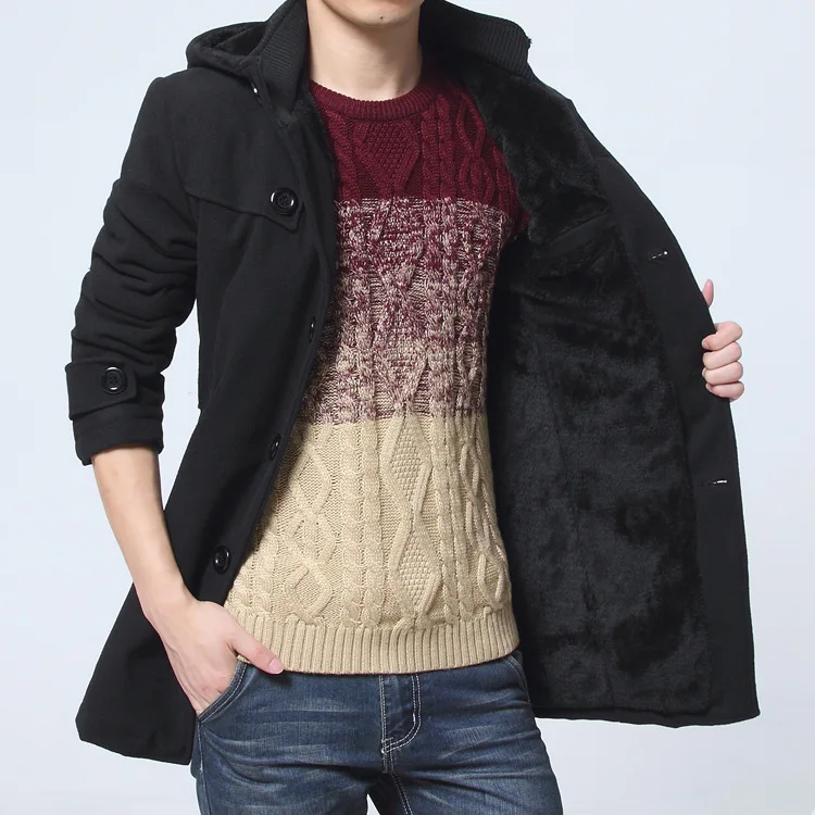 

2018 Korean Winter Jackets Men Thicken Mens Hooded Wool Coat Velvet Warm Men's Woolen Long Overcoat Male Long Trench Coat Man