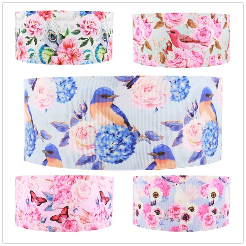 

Q&N ribbon 38mm 10yards bird flower Printed Grosgrain Ribbons Wrapping Hair Bow Garment Accessories DIY Handmade Materials