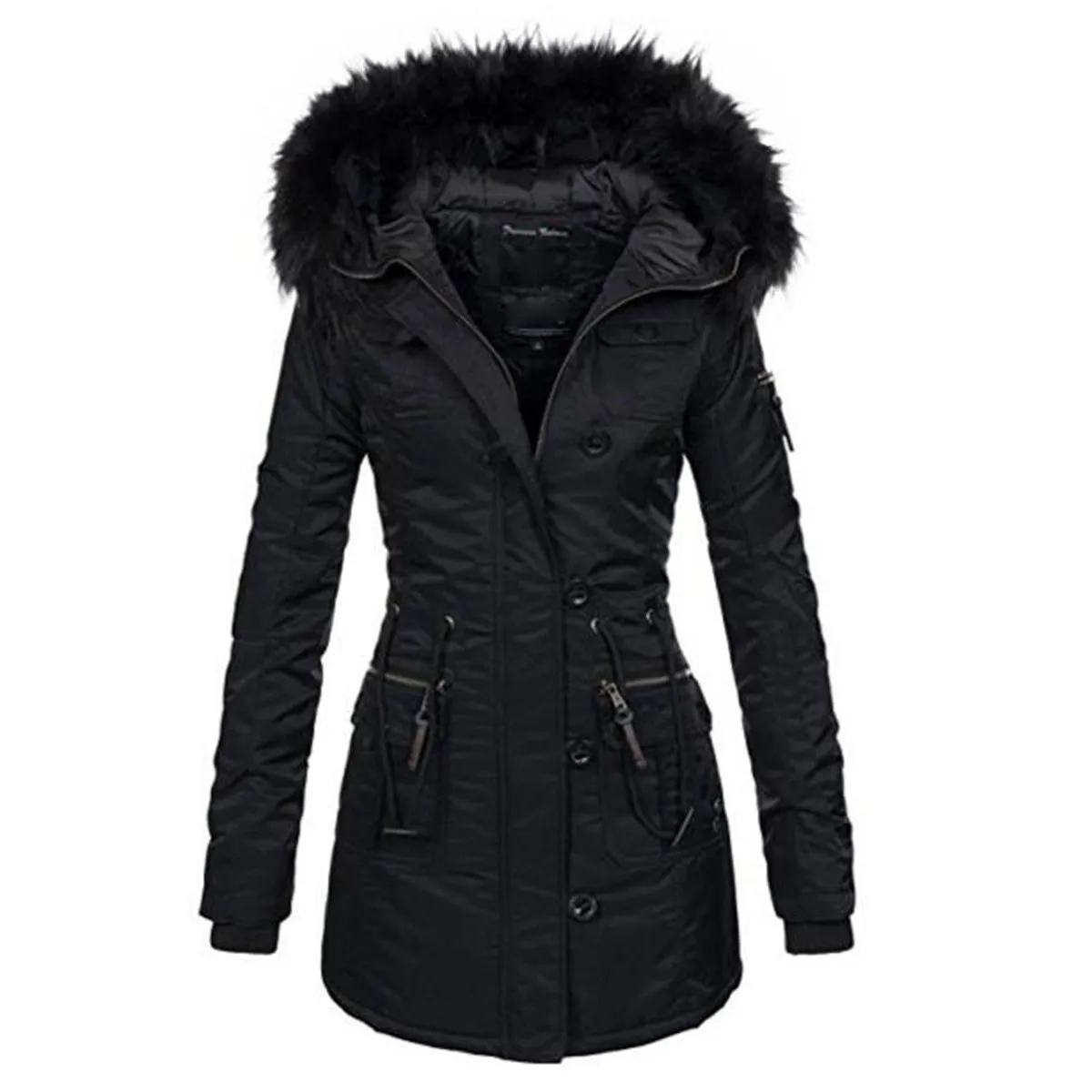 Готическое Женское зимнее плотное теплое хлопковое пальто, длинное черное пальто из искусственного меха с капюшоном, женская повседневная куртка размера плюс, базовая верхняя одежда