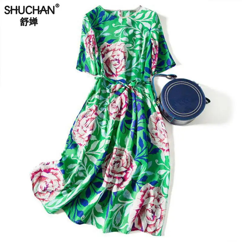 

Shuchan Summer Green Dress Print Prairie Chic Vestido Noche Tallas Grandes 100% Narural Silk High Quality Dress O-neck A0988