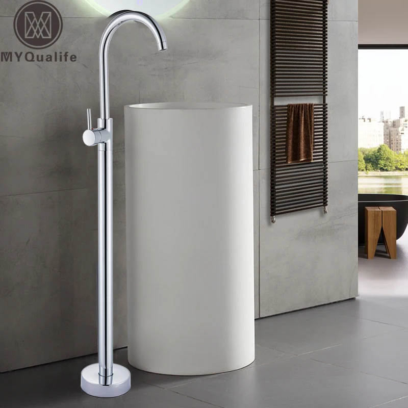 Bright Chrome Floor Stand Faucet Single Handle Bathroom Sink Mixer ...
