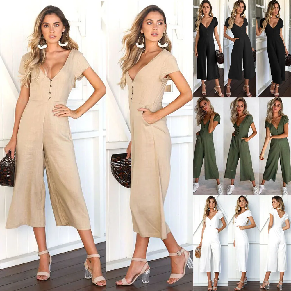 Women Solid V-neck Short Sleeve Clubwear Evening Party Jumpsuit Chiffon Long Trousers Bodysuits | Женская одежда