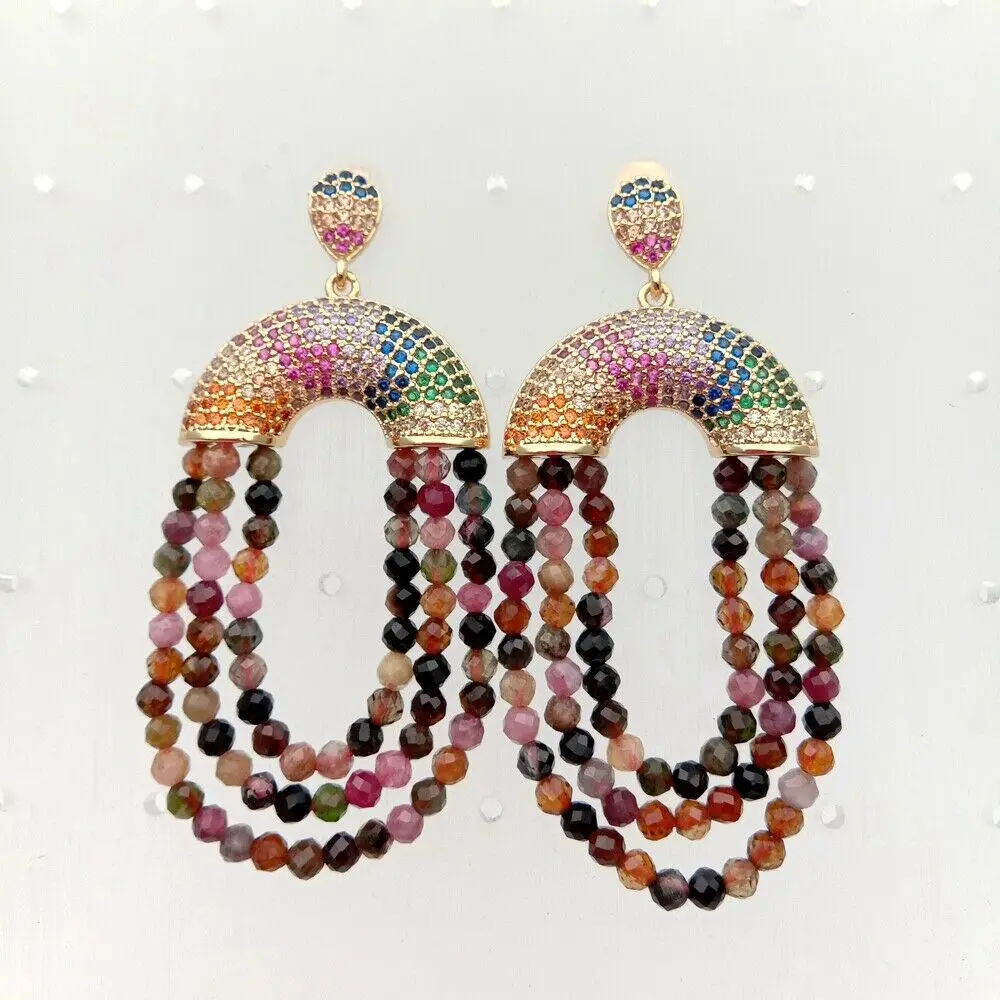 

Natural Mixed Color Tourmaline Multi Color Cz pave Stud Earrings