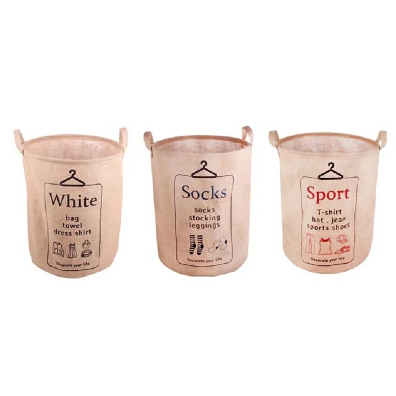 

Folding Laundry Basket Natural Linen Fabic Household Dirty Clothes Bucket Toys Neatening Storage Sorted Bin with Handles -SZ