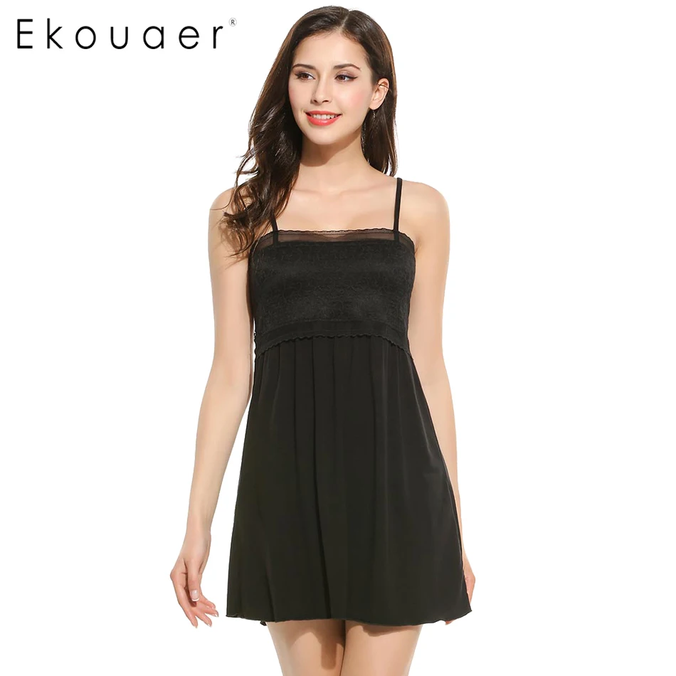 Ekouaer Women Lace Sleepwear Dress Nightgown Sleepwear Home Dress Black