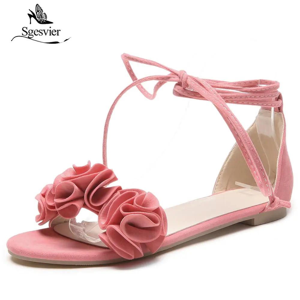 

Sgesvier Flat Heel Peep Toe Woman Sandals Shoes Lace-Up Ankle Buckle Flower Elegant Ruffles 2018 Summer Plus Size 31-52 B225