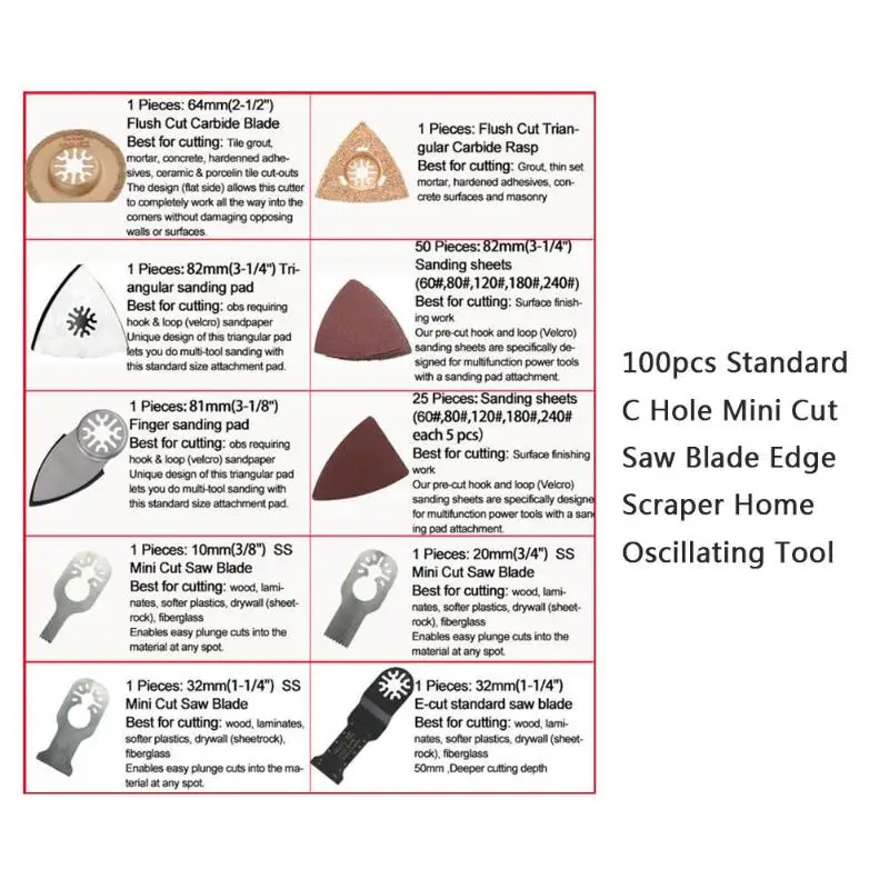 100pcs/set Standard C Hole Mini Cut Saw Blade Edge Scraper Home Oscillating Tool For renovator power tool accessories