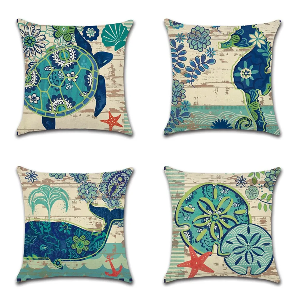 

Marine Animal Pattern Sea Turtle Cushion Cover Linen Cotton Throw Pillow Cover Case Whale Printing Sofa Bedroom Decor Pillowcase