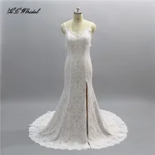 Sexy Champagne Lace Wedding Dress Spaghetti Strap Side Slit Sweep Train Custom Made Bridal Gowns 2018 Vestido De Casamento