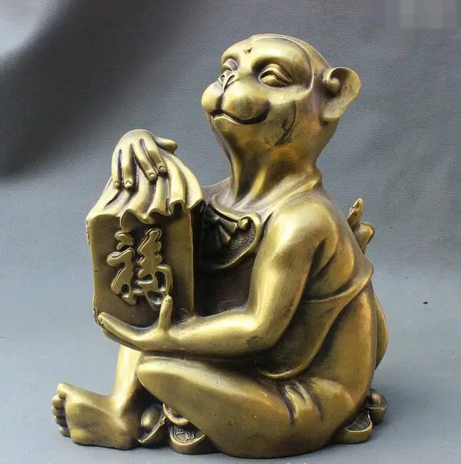 

8" China Bronze Wealth YuanBao Coin Zodiac Year Monkey Hold Fu Seal Stamp Statue